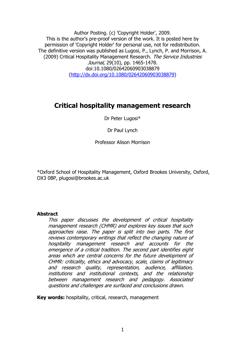 descriptive research title in hospitality management