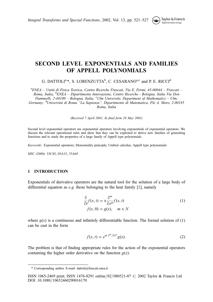 Pdf Second Level Exponentials And Families Of Appell Polynomials