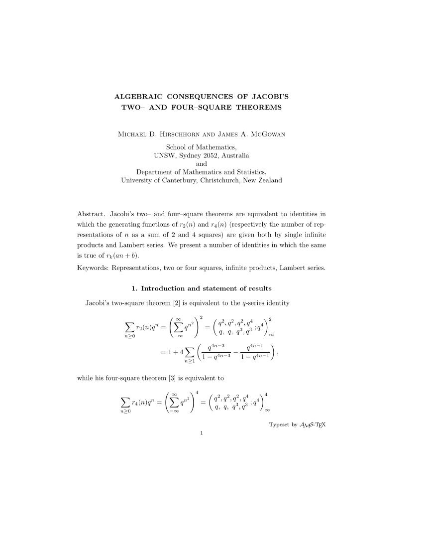 PDF) Algebraic Consequences of Jacobi's Two- and Four-Square Theorems