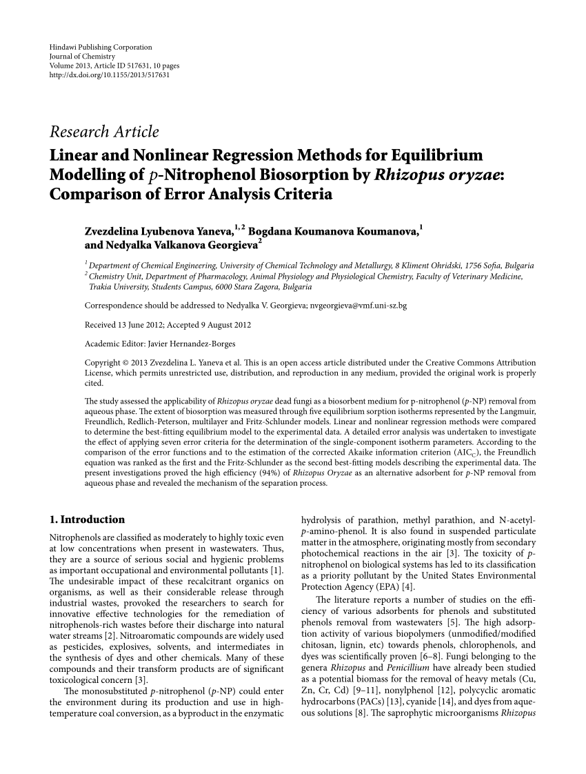 Pdf Linear And Nonlinear Regression Methods For Equilibrium Modelling Of P Nitrophenol Biosorption By Rhizopus Oryzae Comparison Of Error Analysis Criteria