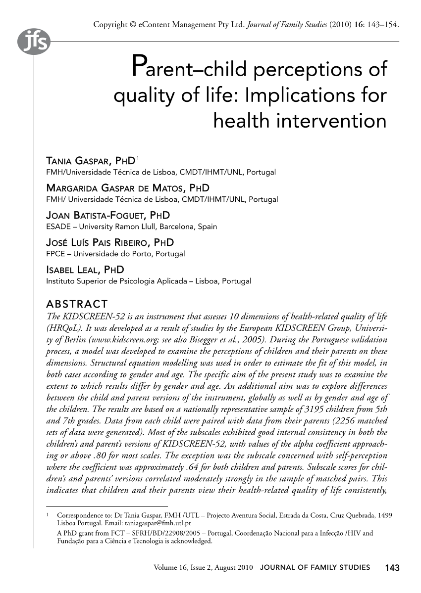 PDF Parent child perceptions of quality of life Implications for  