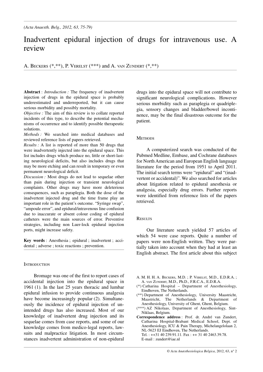 Pdf Inadvertent Epidural Injection Of Drugs For Intravenous