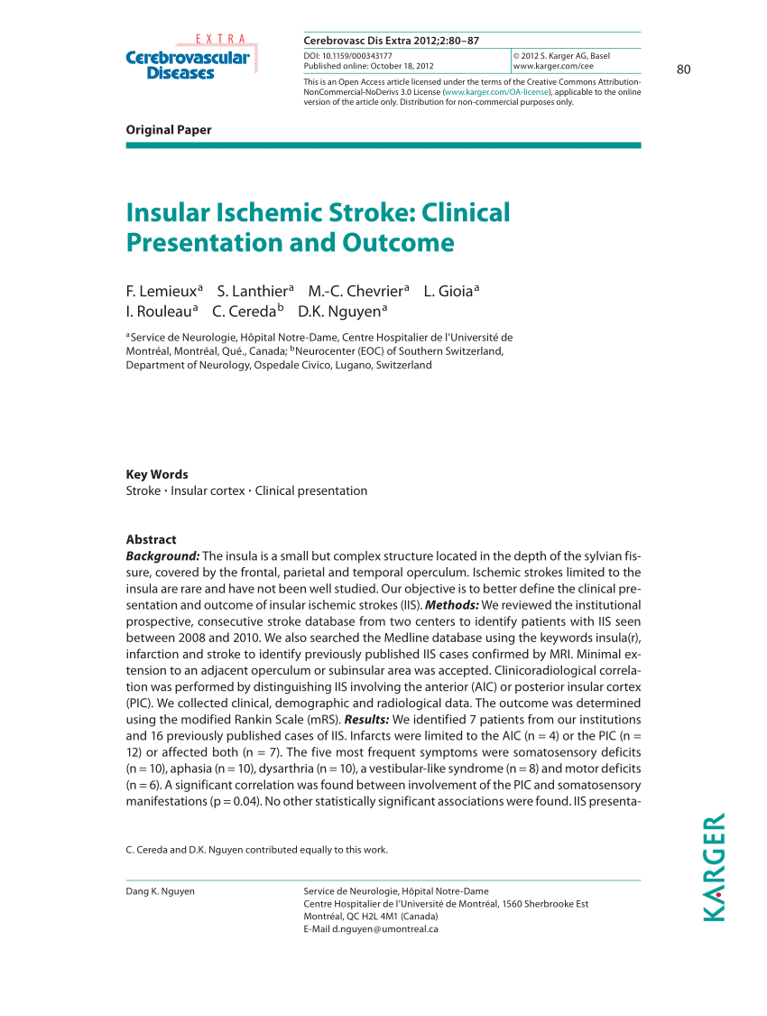 Pdf Insular Ischemic Stroke Clinical Presentation And Outcome