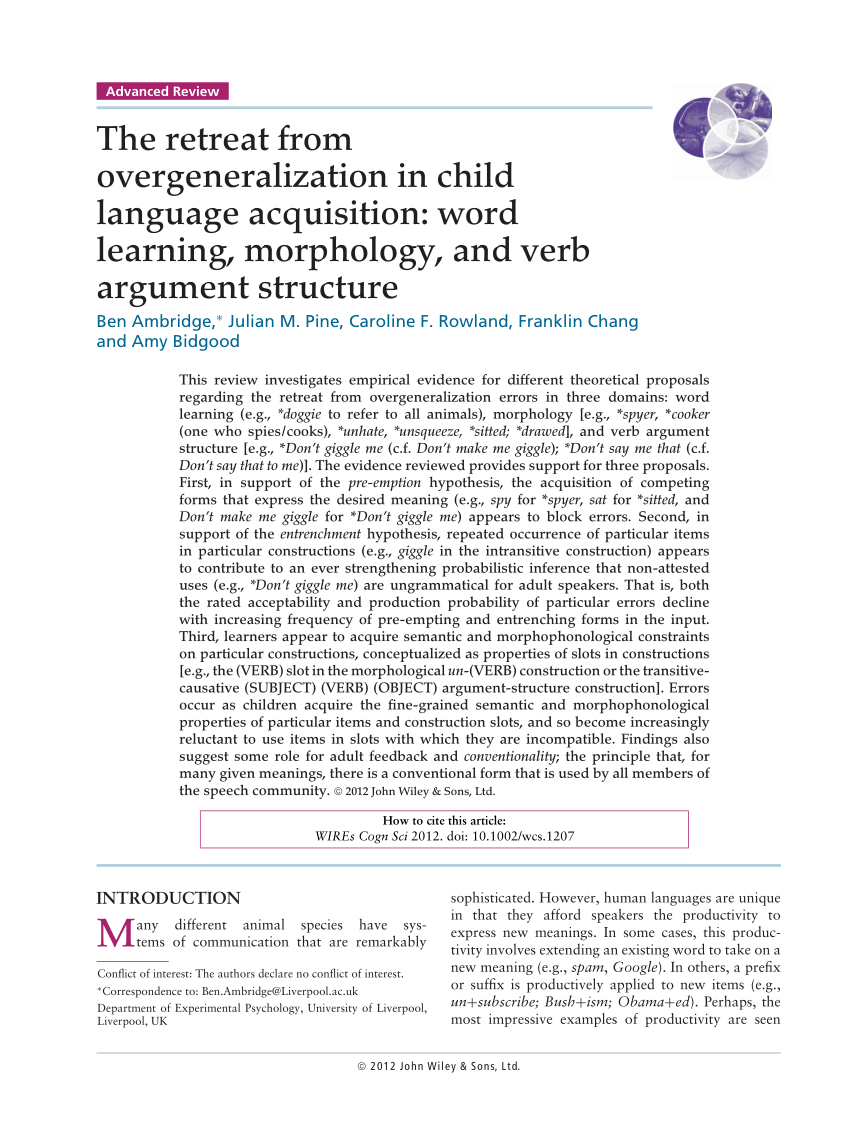 Pdf The Retreat From Overgeneralization In Child Language Acquisition Word Learning Morphology And Verb Argument Structure