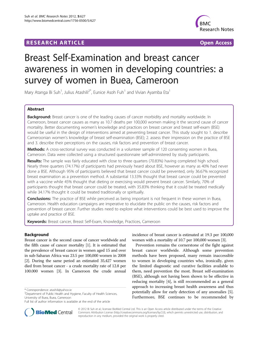 Pdf Breast Self-examination And Breast Cancer Awareness In Women In Developing Countries A Survey Of Women In Buea Cameroon