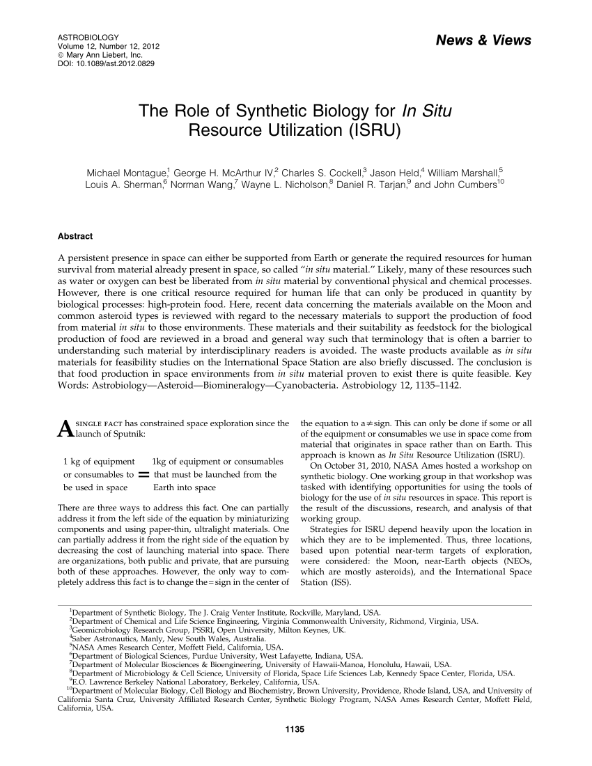 Pdf The Role Of Synthetic Biology For In Situ Resource Utilization Isru