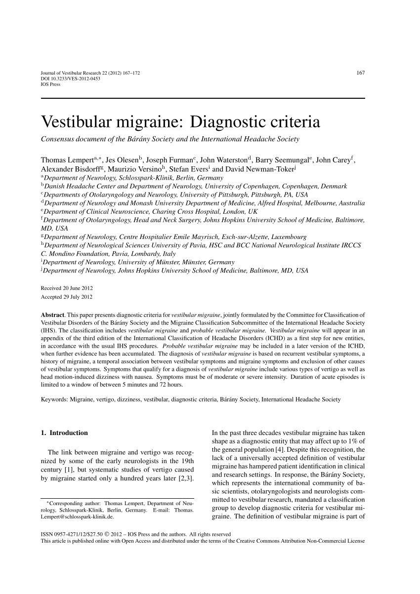 PDF) Vestibular migraine: Diagnostic criteria