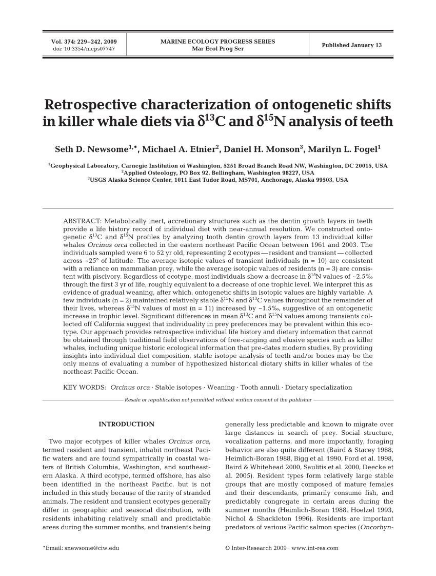 Pdf Retrospective Characterization Of Ontogenetic Shifts In Killer Whale Diets Via D13c And D15n Analysis Of Teeth