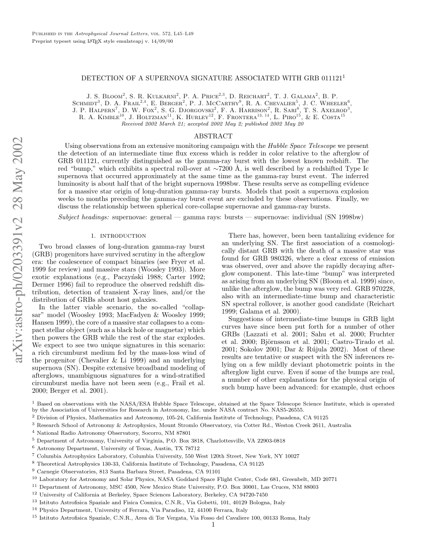 PDF) Detection of a Supernova Signature Associated with GRB 011121