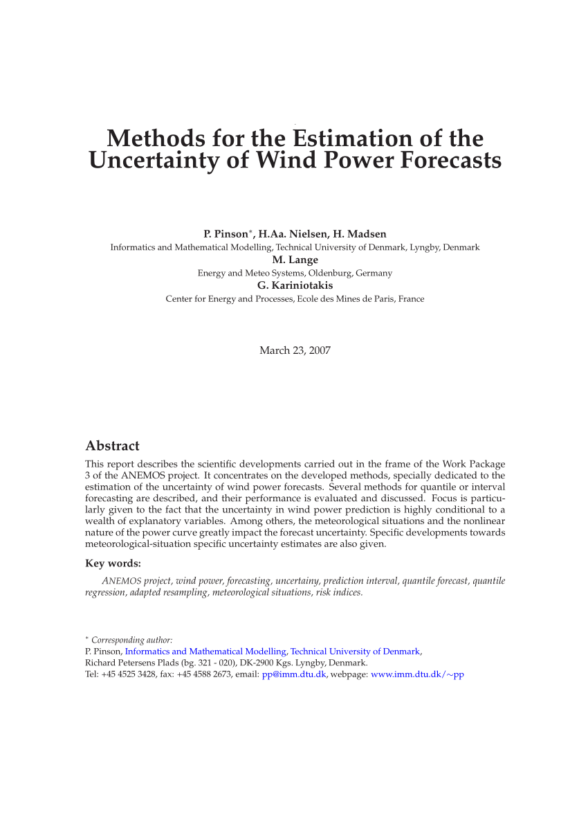 PDF) Methods for the estimation of the uncertainty of wind power ...