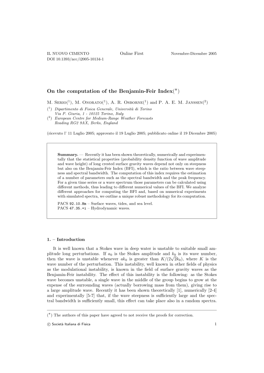 Pdf On The Computation Of The Benjamin Feir Index