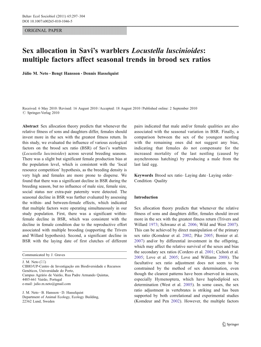 Pdf Sex Allocation In Savi S Warblers Locustella Luscinioides