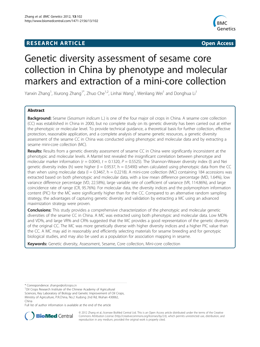 PDF) Genetic diversity assessment of sesame core collection in 