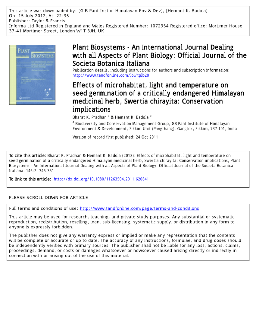 Pdf Effects Of Microhabitat Light And Temperature On Seed Germination Of A Critically Endangered Himalayan Medicinal Herb Swertia Chirayita Conservation Implications