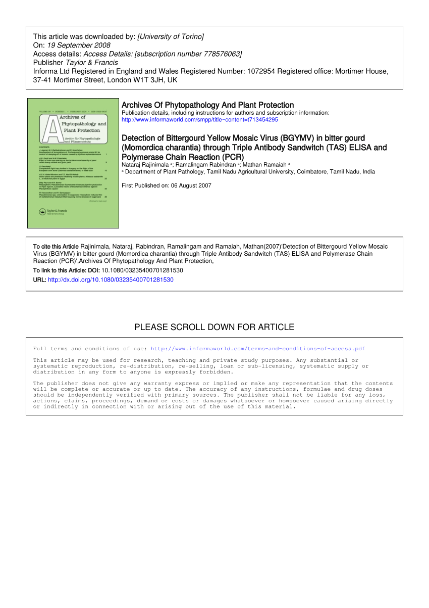 (PDF) Detection of Bittergourd Yellow Mosaic Virus (BGYMV) in bitter