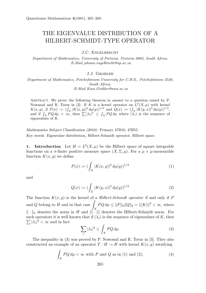 Pdf The Eigenvalue Distribution Of A Hilbert Schmidt Type Operator