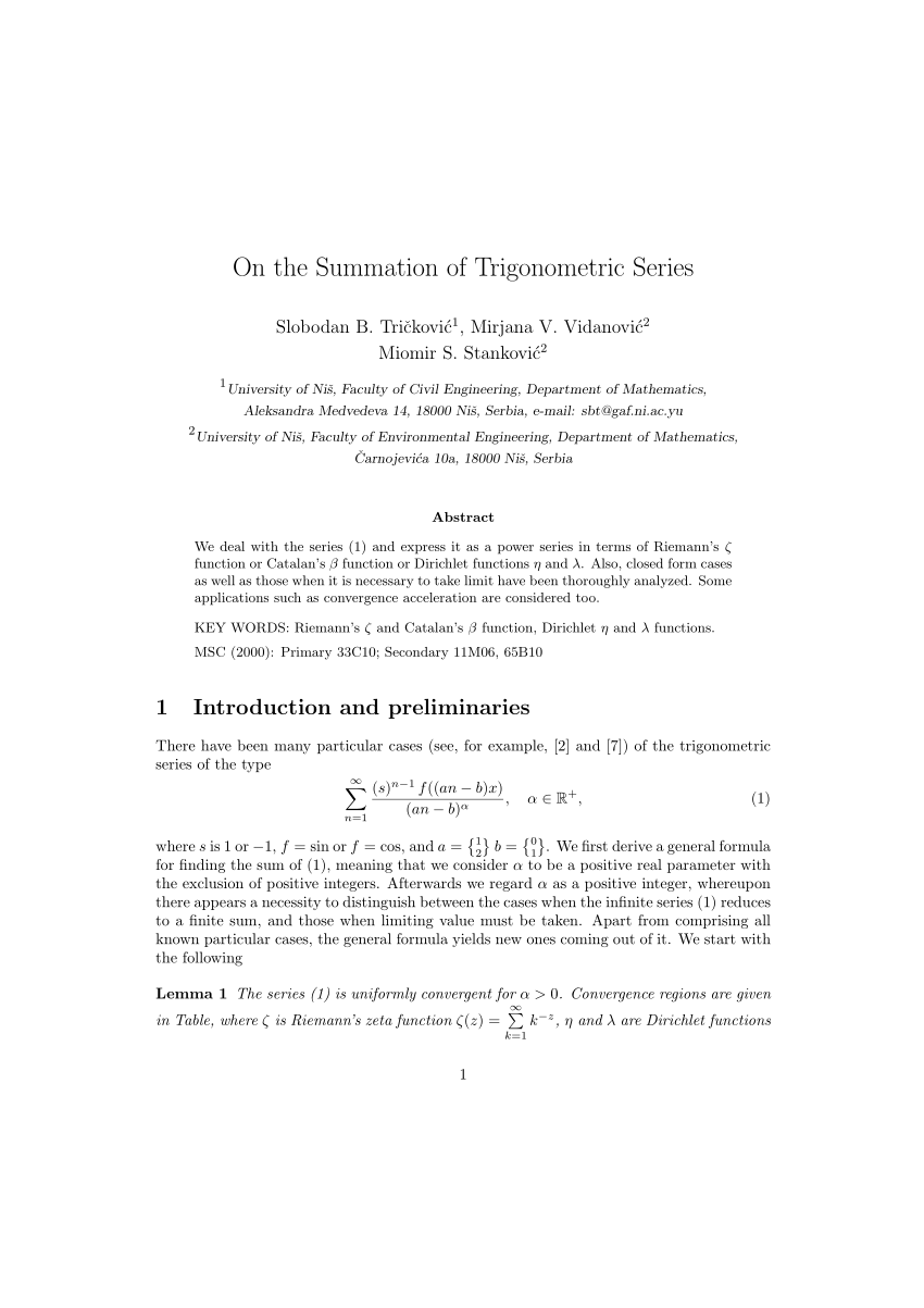 Pdf On The Summation Of Trigonometric Series