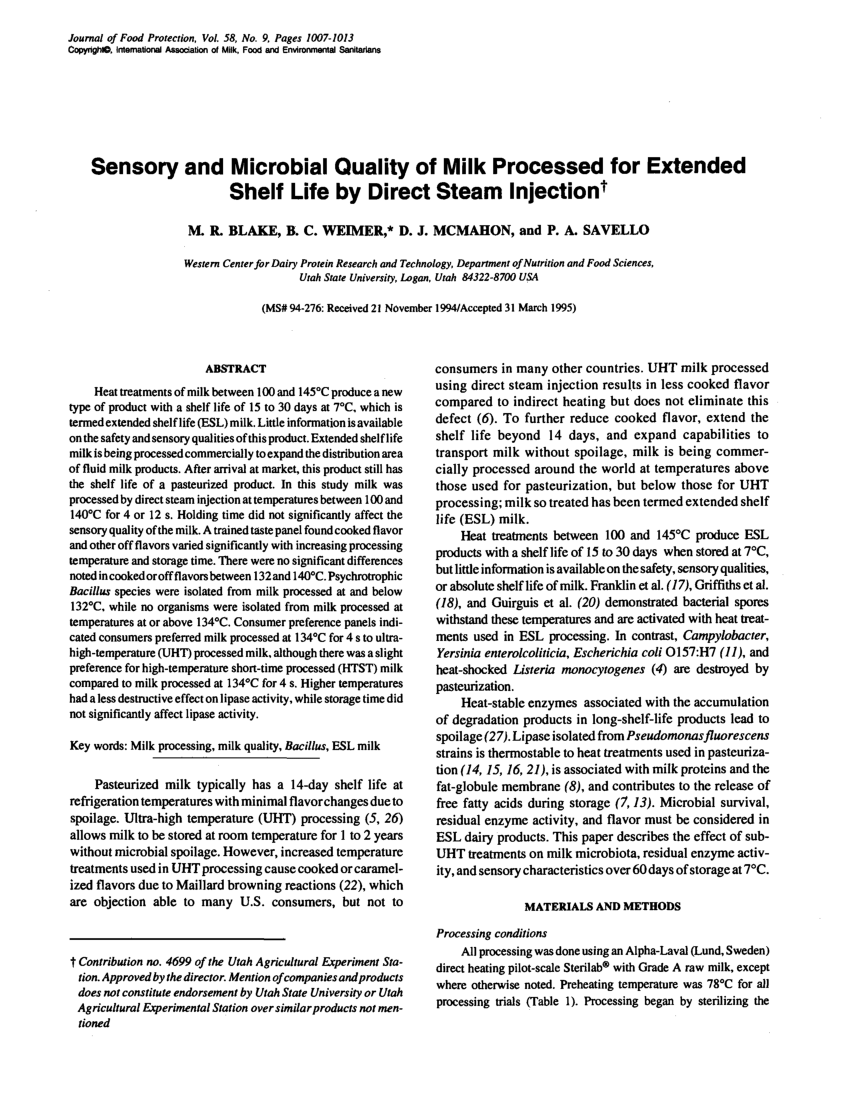 Pdf Sensory And Microbial Quality Of Milk Processed For