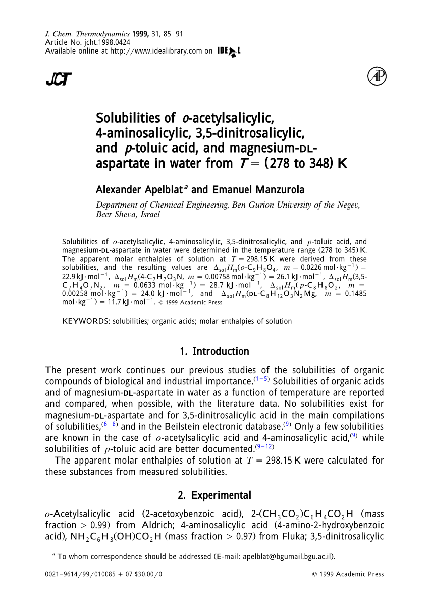 Pdf Solubilities Of O Acetylsalicylic 4 Aminosalicylic 3 5 Dinitrosalicylic And P Toluic Acid And Magnesium Dl Aspartate In Water From T 278 To 348 K
