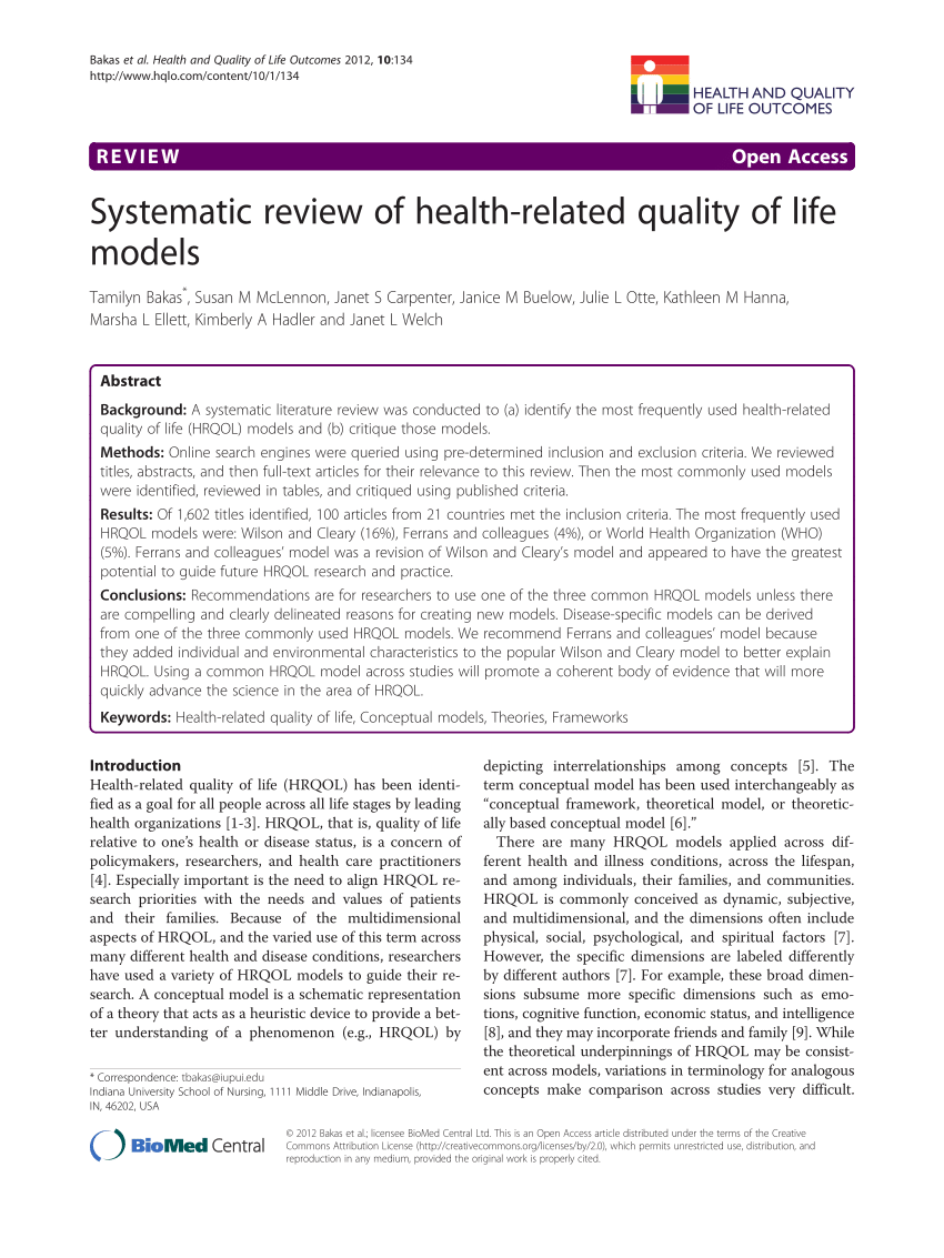 Pdf Systematic Review Of Health Related Quality Of Life Models