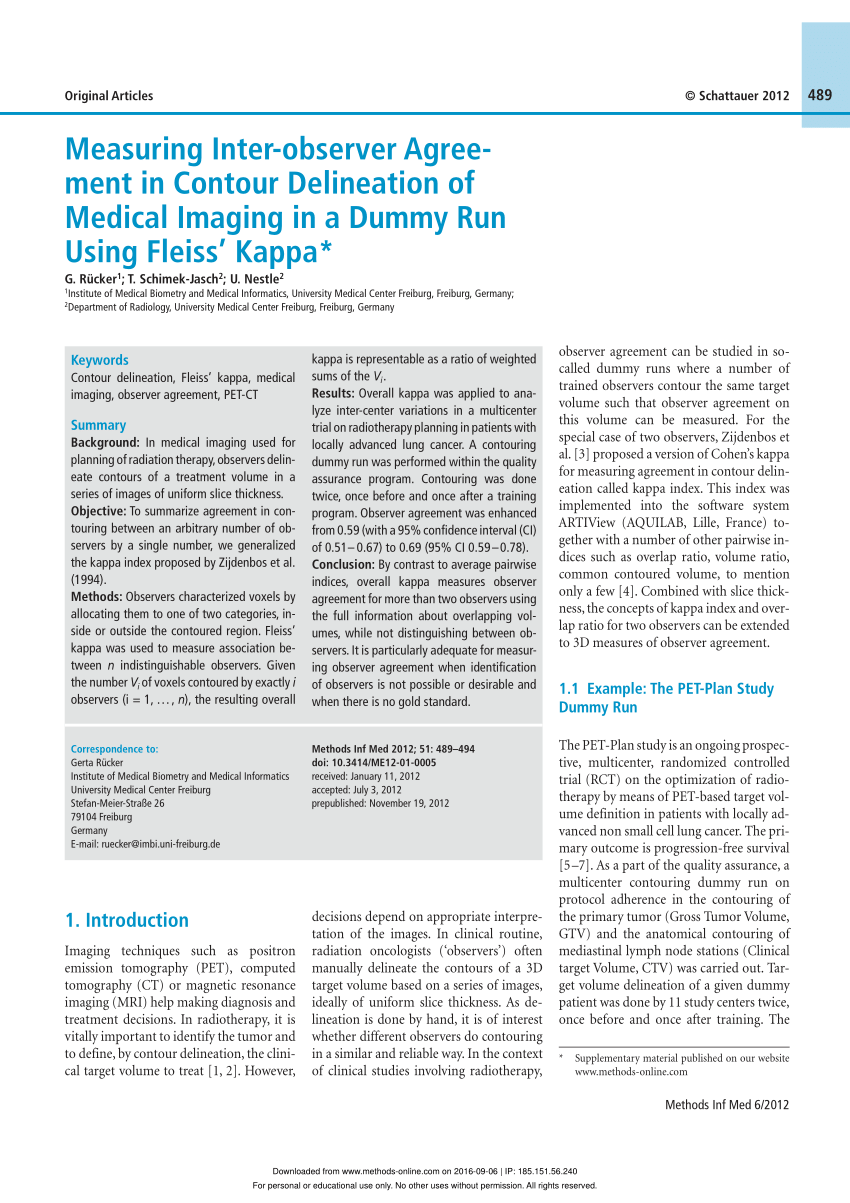 Evaluering Ideel fjerkræ PDF) Measuring Inter-observer Agreement in Contour Delineation of Medical  Imaging in a Dummy Run Using Fleiss' Kappa