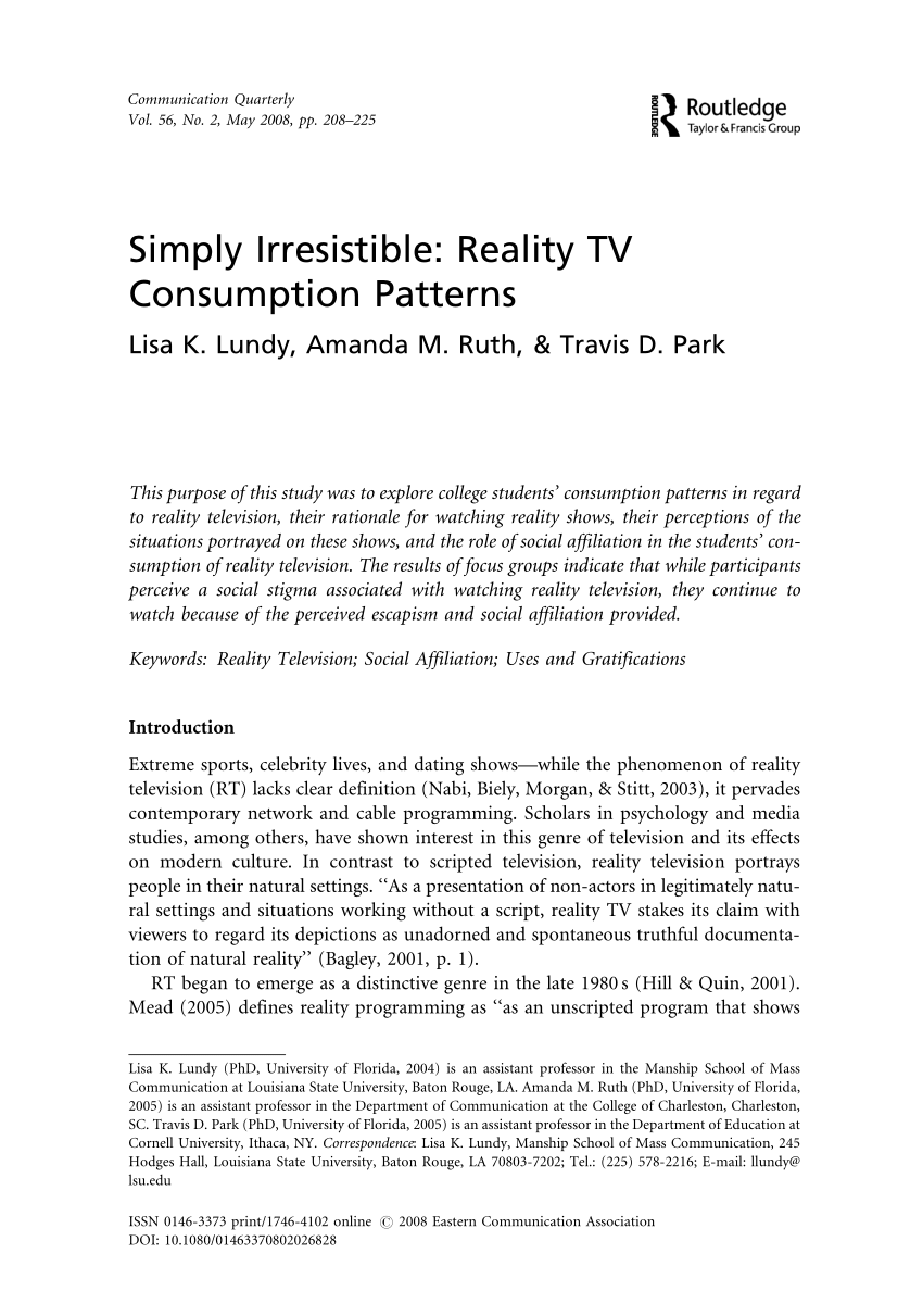 Pdf Simply Irresistible Reality Tv Consumption Patterns