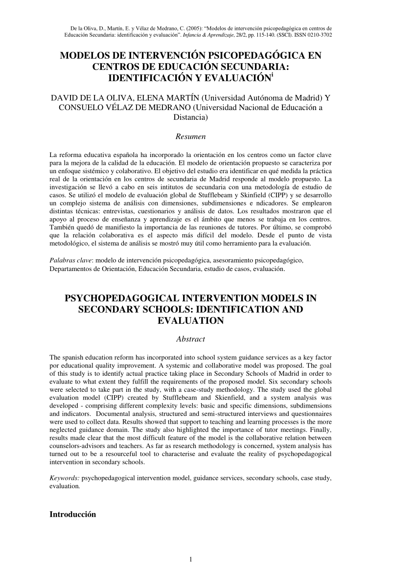 PDF) Modelos de intervención psicopedagógica en centros de educación  secundaria: identificación y evaluación Psychoeducational intervention  models in Secondary Schools: Identification and evaluation