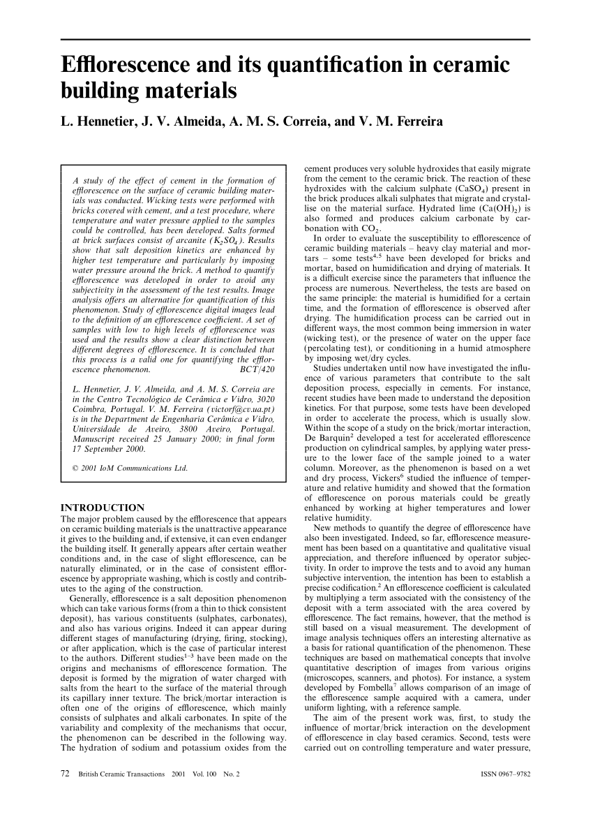 Pdf Efflorescence And Its Quantification In Ceramic Building Materials