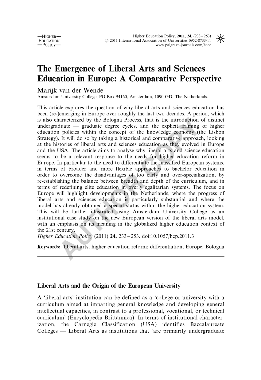 pdf) the emergence of liberal arts and sciences education in europe