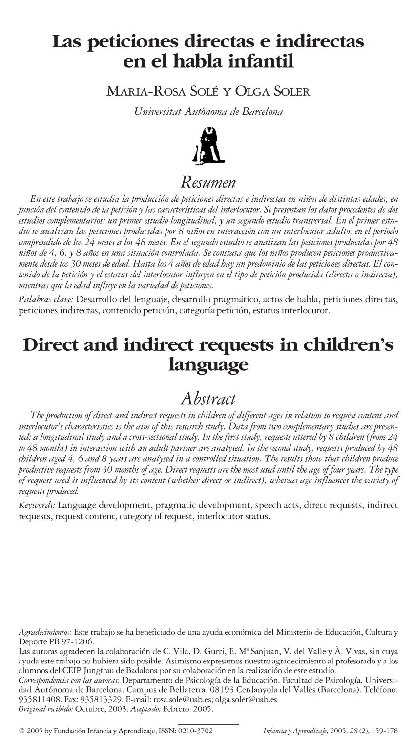 Pdf Las Peticiones Directas E Indirectas En El Habla Infantil Direct And Indirect Requests In Children S Language