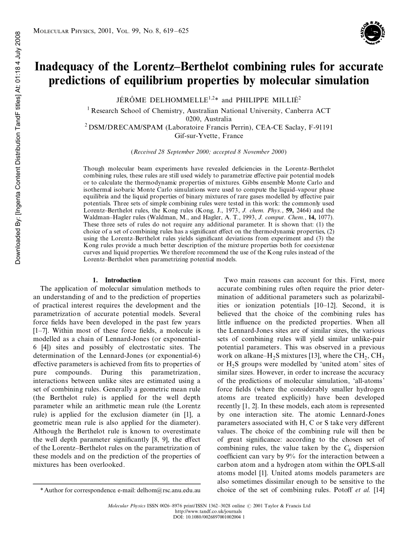 Pdf Inadequacy Of The Lorentz Berthelot Combining Rules For Accurate Predictions Of Equilibrium Properties By Molecular Simulation