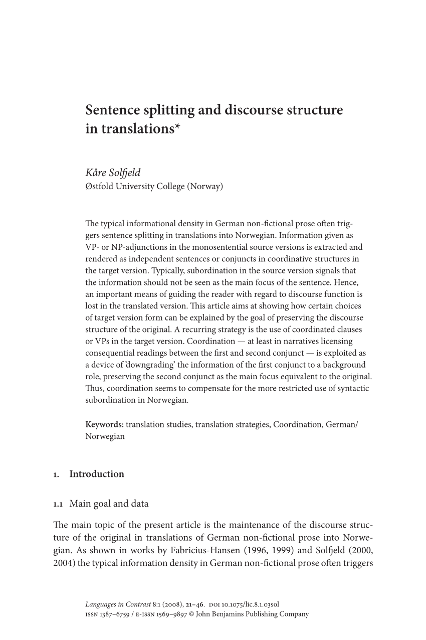 PDF) Sentence splitting and discourse structure in translations