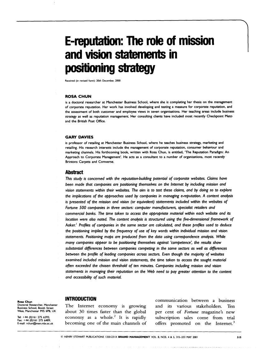 PDF) E-reputation: The role of mission and vision statements in