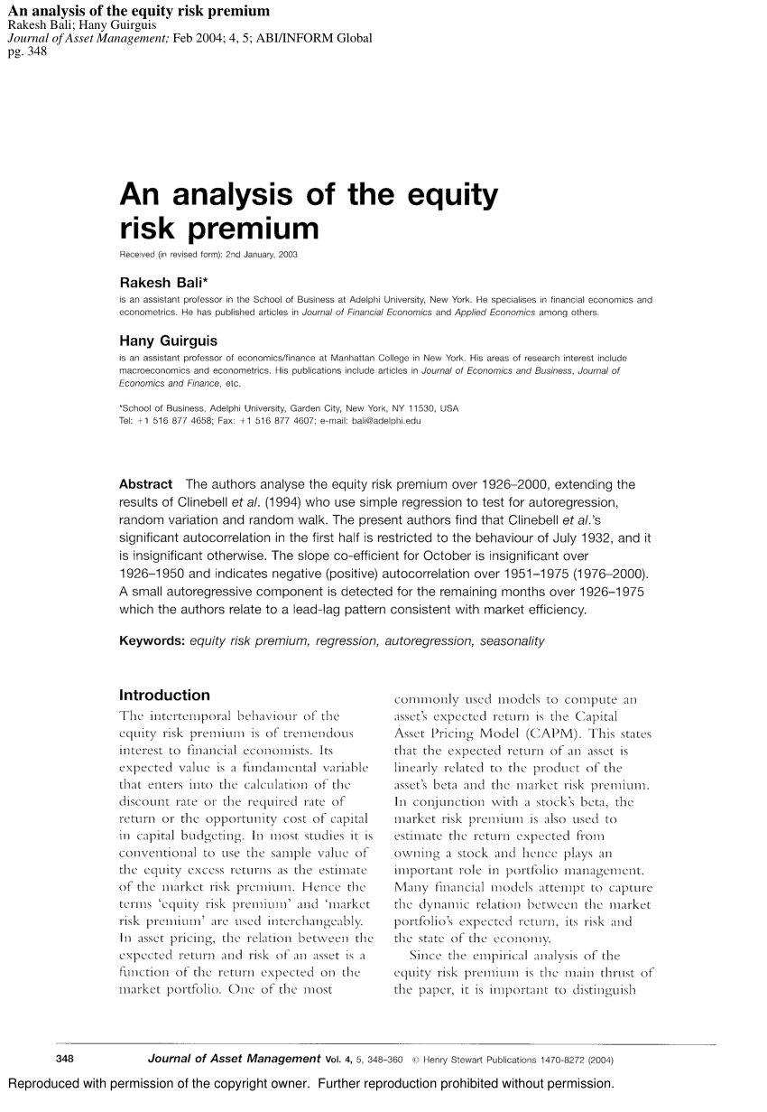 Pdf An Analysis Of The Equity Risk Premium