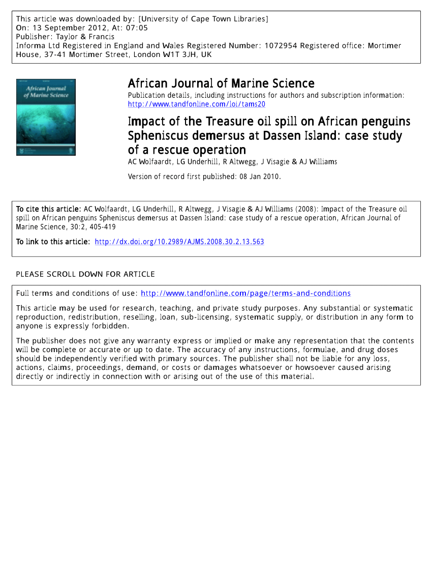 Pdf Impact Of The Treasure Oil Spill On African Penguins Spheniscus Demersus At Dassen Island Case Study Of A Rescue Operation