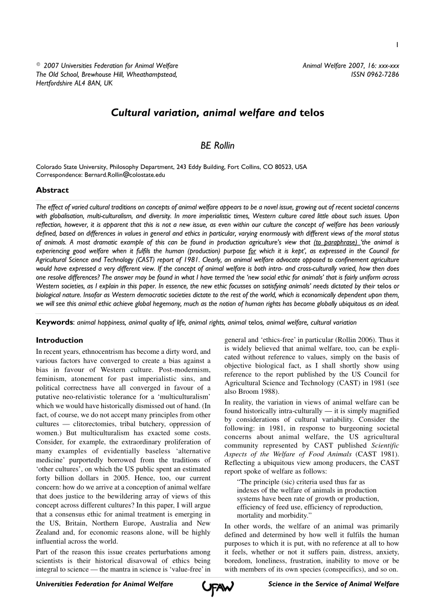 PDF) Cultural variation, animal welfare and telos