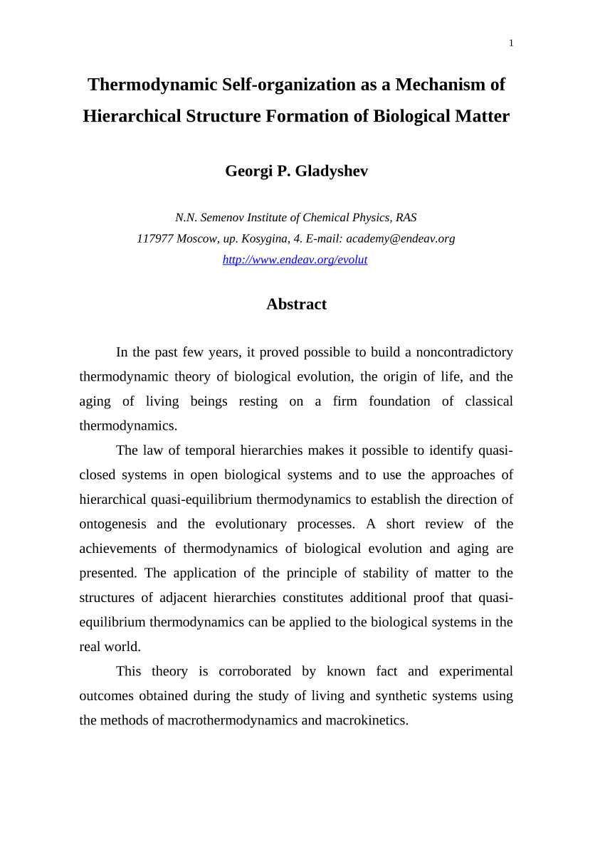 PDF) Thermodynamic self-Organization as a Mechanism of