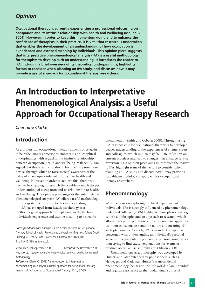 Pdf An Introduction To Interpretative Phenomenological Analysi A Useful Approach For Occupational Therapy Research Dissertation Proposal 