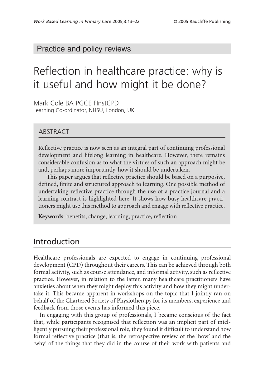 Reflective Practice in Health Care - 2100 Words