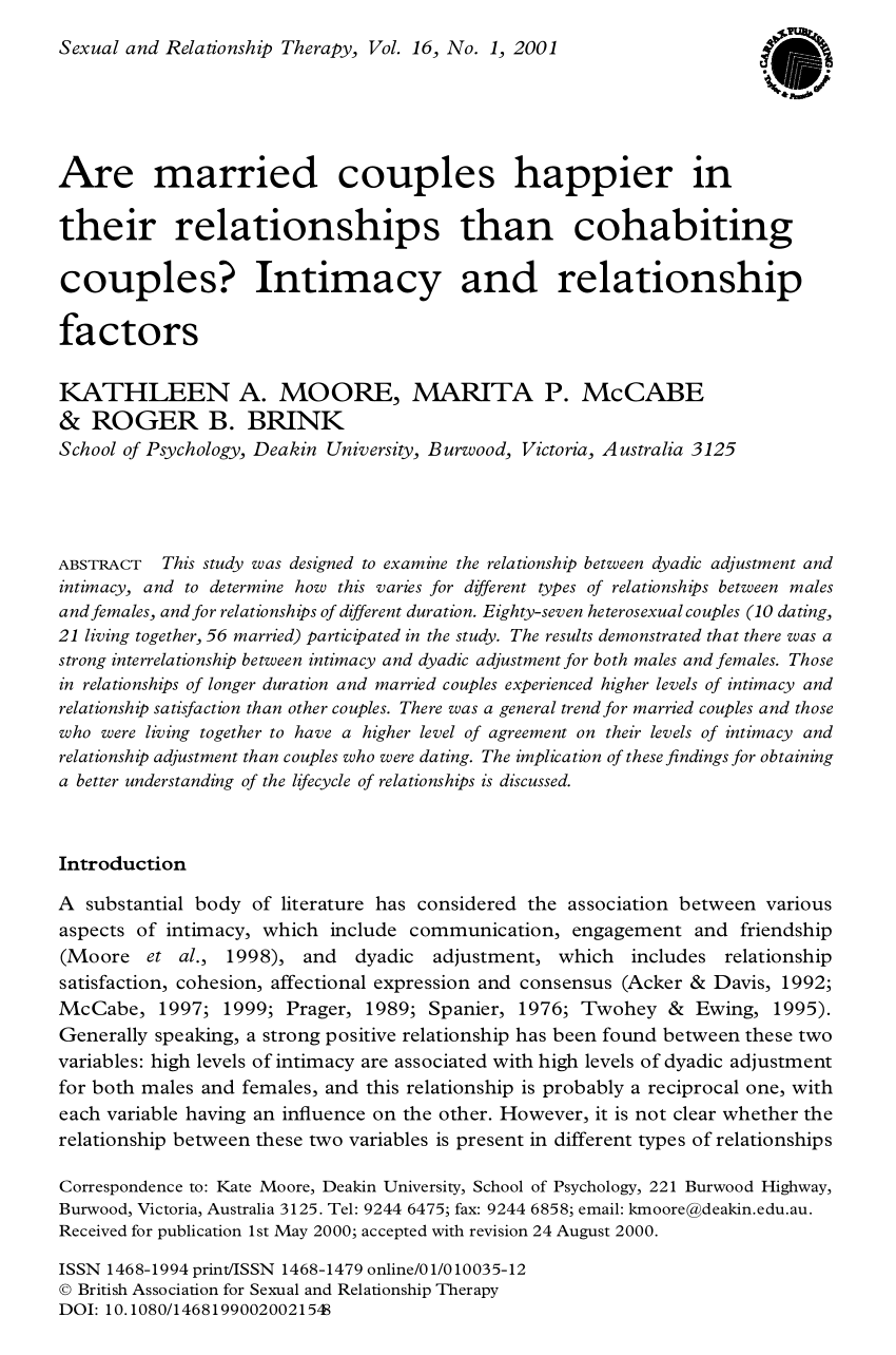 PDF) Are married couples happier in their relationships than cohabiting  couples? Intimacy and relationship factors