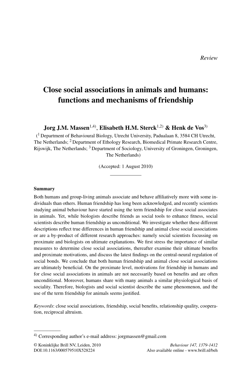 PDF) Close social associations in animals and humans: Functions and  mechanisms of friendship