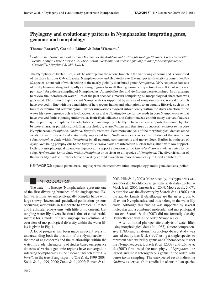 Pdf Phylogeny And Evolutionary Patterns In Nymphaeales