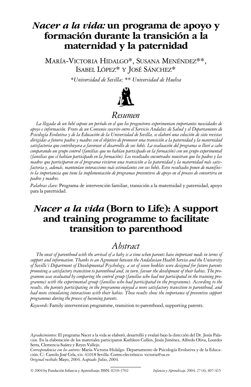 PDF) Nacer a la vida: un programa de apoyo y formación durante la