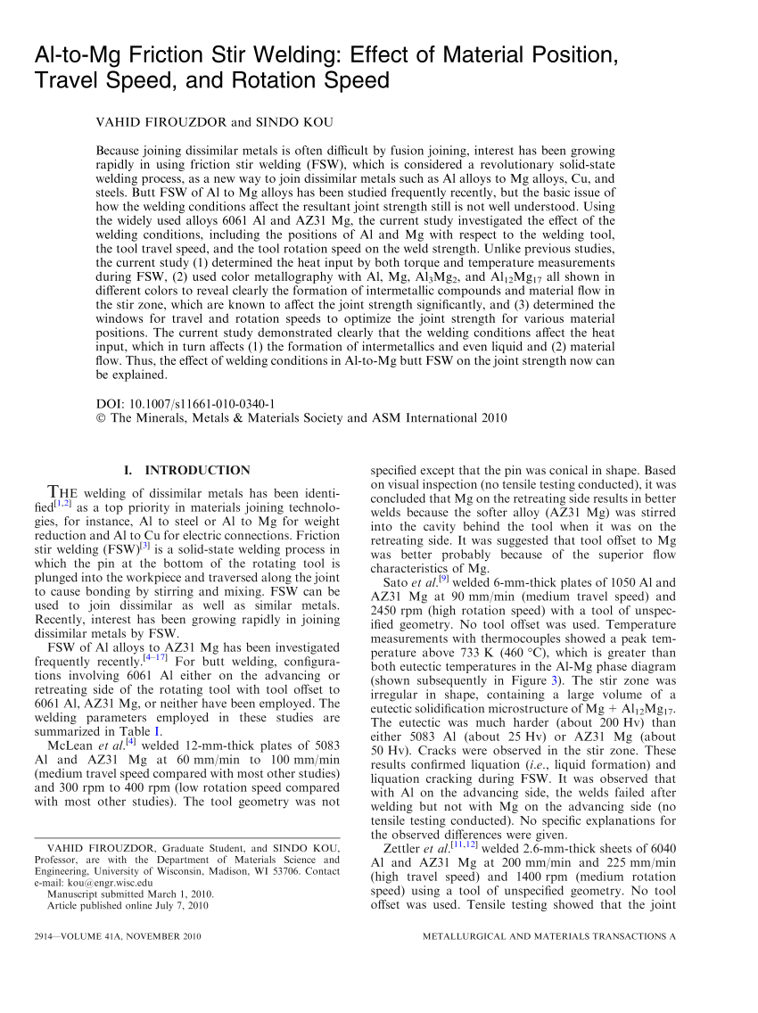 pdf al to mg friction stir welding effect of material position travel speed and rotation speed