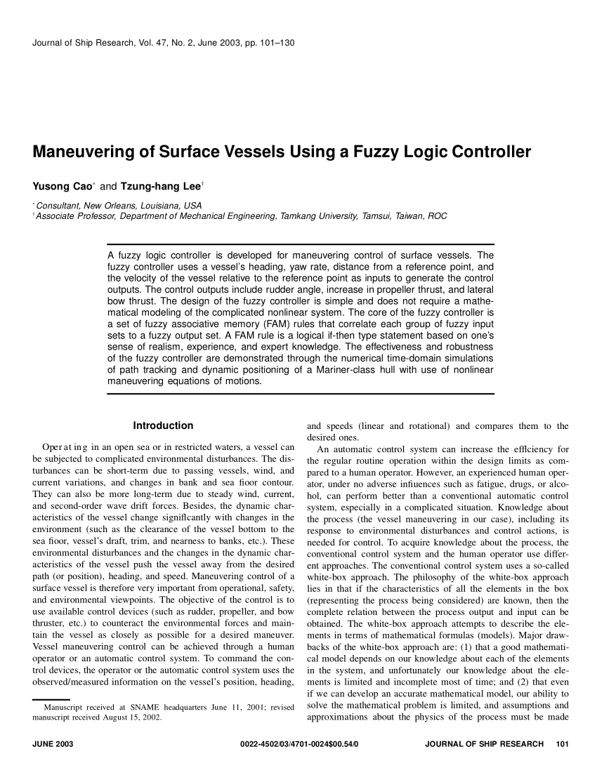 Pdf Maneuvering Of Surface Vessels Using A Fuzzy Logic Controller