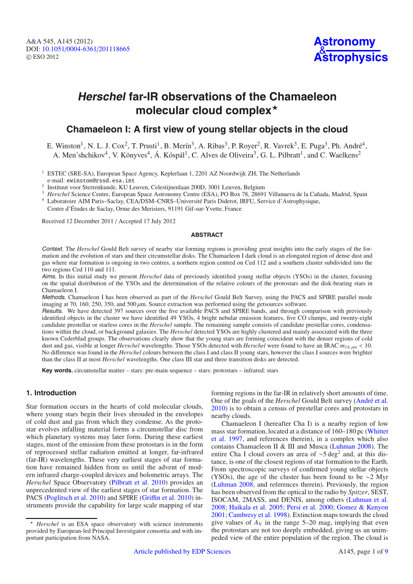 Pdf Herschel Far Ir Observations Of The Chamaeleon Molecular Cloud Complex Chamaeleon I A First View Of Young Stellar Objects In The Cloud