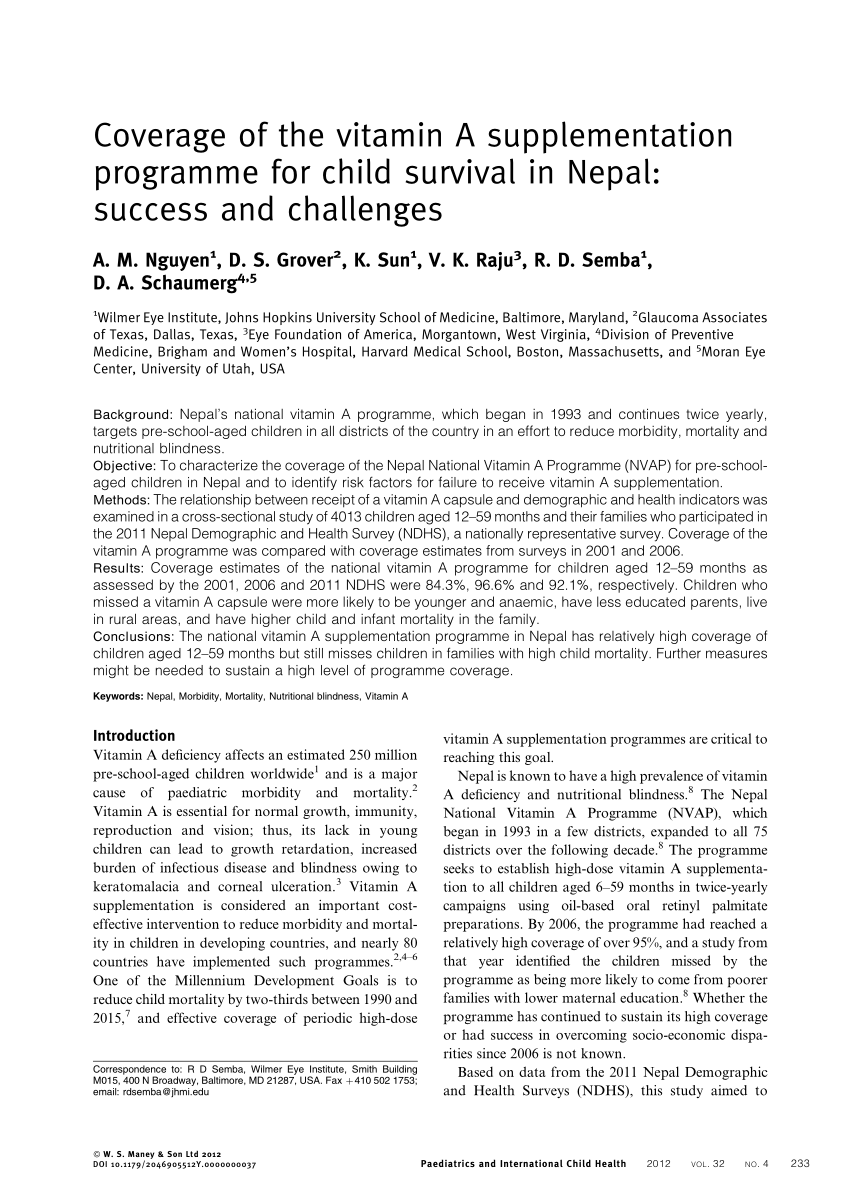 PDF) Coverage of the vitamin A supplementation programme for child survival in Nepal Success and challenges