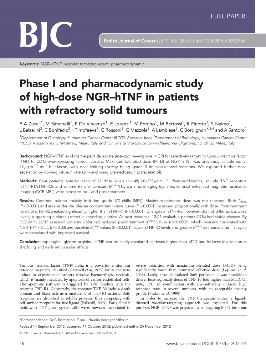 Pdf Phase I And Pharmacodynamic Study Of High Dose Ngr Htnf In Patients With Refractory Solid Tumours