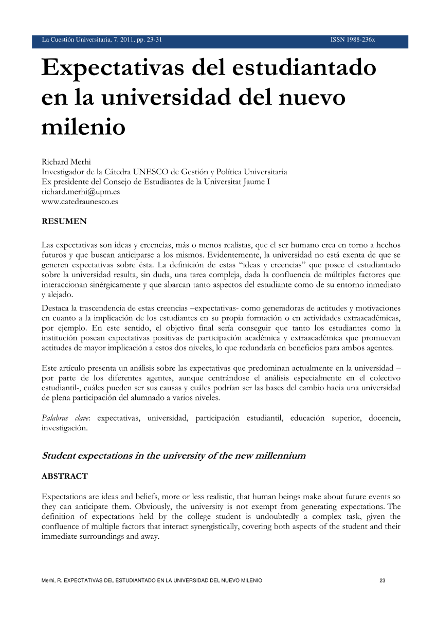 PDF) Expectativas del estudiantado en la universidad del nuevo milenio. Un  proceso dinámico