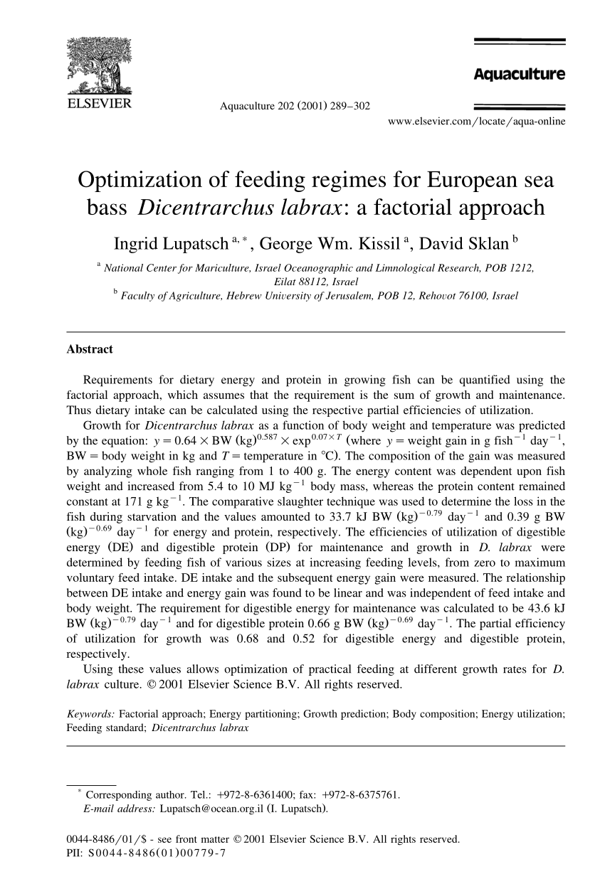 Pdf Optimization Of Feeding Regimes For European Sea Bass Dicentrarchus Labrax A Factorial Approach